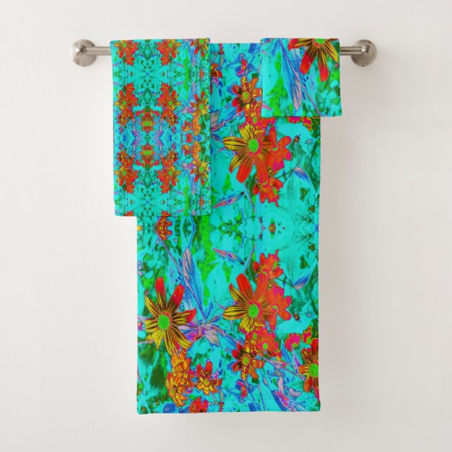 Conjunto De Toalhas Água Tropical com Flores Amarelas e Laranjas (Insitu)