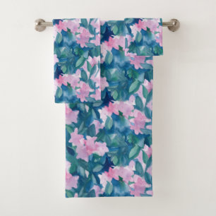 Conjunto De Toalhas Aguarela floral cor-de-rosa do azul de índigo do