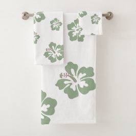 Conjunto De Toalhas Aloha hibiscus padrão floral branco e verde-sábio