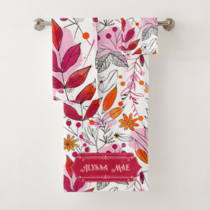 Conjunto De Toalhas Alyssa Mae Desenha Folhagem Cor-de-Rosa e Laranja