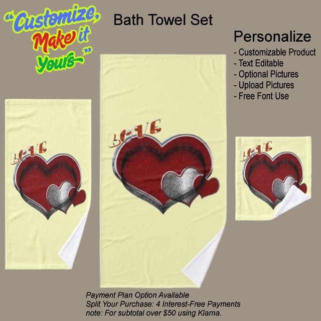Conjunto de Toalhas Amarelas de Coração Mágica (Heart Magic Bathroom Towel Set Featuring a Yellow Background.)
