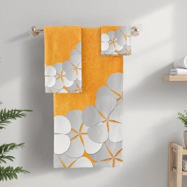 Conjunto De Toalhas Amarelo-Laranja Aquarela e Flores Brancas