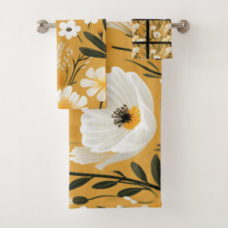 Conjunto De Toalhas Amarelo Mostarda e Branco Floral Botânico