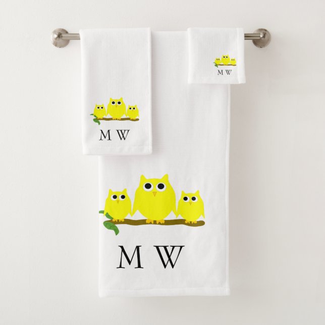 Conjunto De Toalhas Amarelo Owls Design Monogramado (Insitu)