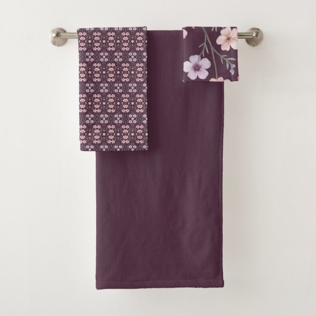 Conjunto De Toalhas Ameixa Com Floral Rosa E Mauve (Insitu)