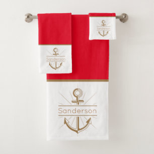 Conjunto De Toalhas Anchor Dourado Vermelho Monograma da Família Náuti