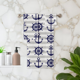 Conjunto De Toalhas Âncora Azul Marinho Roda de Barco Faixa Cinza Náut