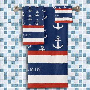 Conjunto De Toalhas Âncora Azul Marinho Vermelho Branco Personalizado