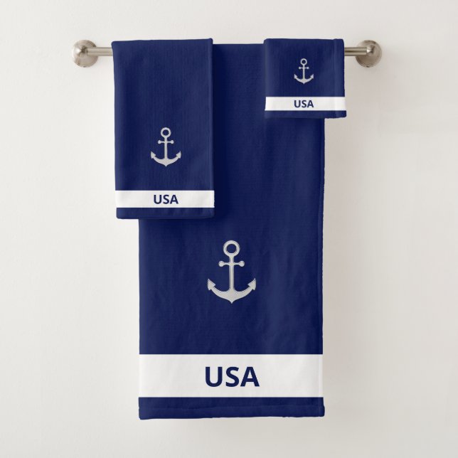 Conjunto De Toalhas Âncora Cinza Prata no Azul Marinho & Branco (Insitu)