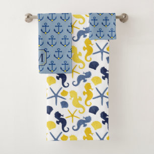 Conjunto De Toalhas Âncora Dourado azul do cavalo marinho