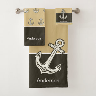 Conjunto De Toalhas Ancora Náutica Personalizada Areia Marrom