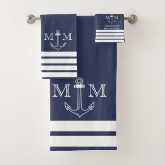 Conjunto De Toalhas Âncora Naval Náutica Monograma Nome Banho Para