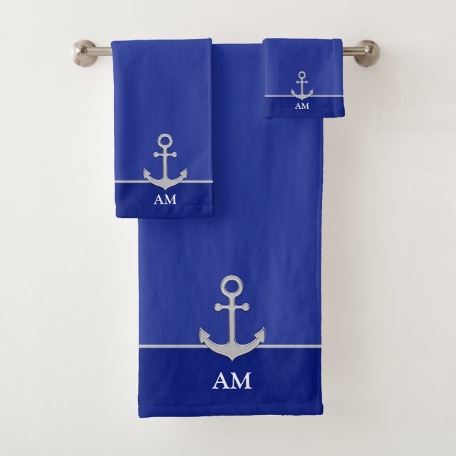 Conjunto De Toalhas Âncora Prateada e Monograma em Azul Escuro (Insitu)
