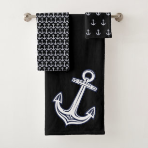 Conjunto De Toalhas Ancoragem Náutica Moderna - Oceano Negro branco