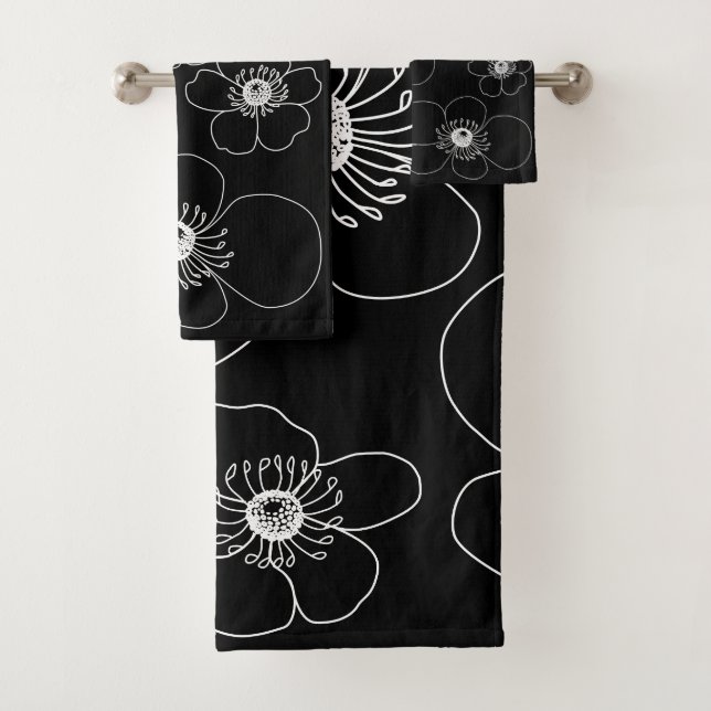 Conjunto De Toalhas Anêmonas japonesas em preto (Insitu)
