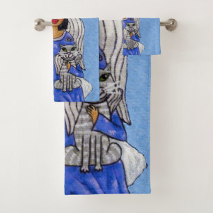 Conjunto De Toalhas Angel segurando Gato Anjo Branco sobre Azul-Nuvem
