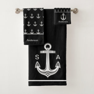 Conjunto De Toalhas Ângulo monograma preto e branco náutico