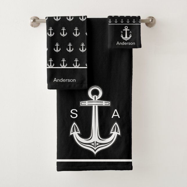 Conjunto De Toalhas Ângulo monograma preto e branco náutico (Insitu)