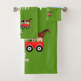 Conjunto De Toalhas Animais de Exploração e Trator Vermelho Nome Perso