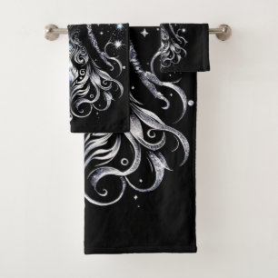 Conjunto De Toalhas Anjo De Tatuagem Preto E Prateado