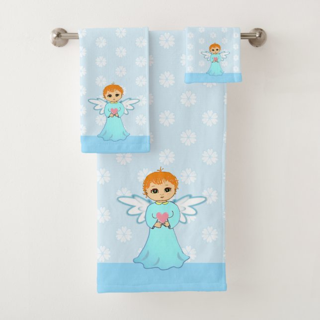 Conjunto De Toalhas Anjo Fofo e Padrão de Flor em Azul Claro (Insitu)