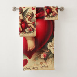 Conjunto De Toalhas Anjos Cherub Vintage e Corações Vermelhos