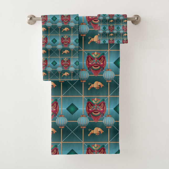 Conjunto De Toalhas Ano Novo Chinês de Ox - Padrão de Verificação Verd (Insitu)