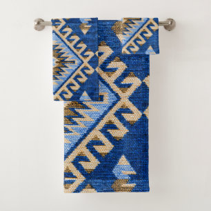 Conjunto De Toalhas Antigo Oriental Azul Bege Kilim Turco