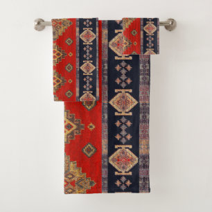 Conjunto De Toalhas Antigo Vintage Ouro Onyx Vermelho Kilim Turco