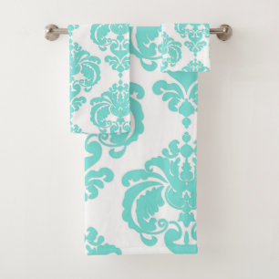 Conjunto De Toalhas Aqua Azul Teal e Branco Glam Damask Real