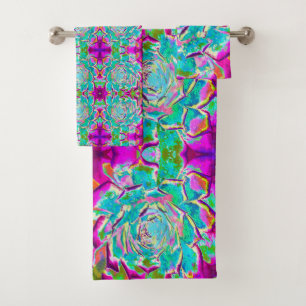 Conjunto De Toalhas Aqua e Magenta - Suculente Sedum Rosette