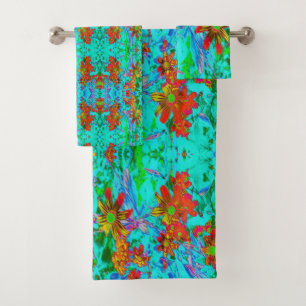 Conjunto De Toalhas Aqua Tropical com Flores Amarelas e Laranja