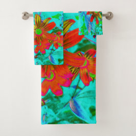 Conjunto De Toalhas Aqua Tropical com Flores Amarelas e Laranja