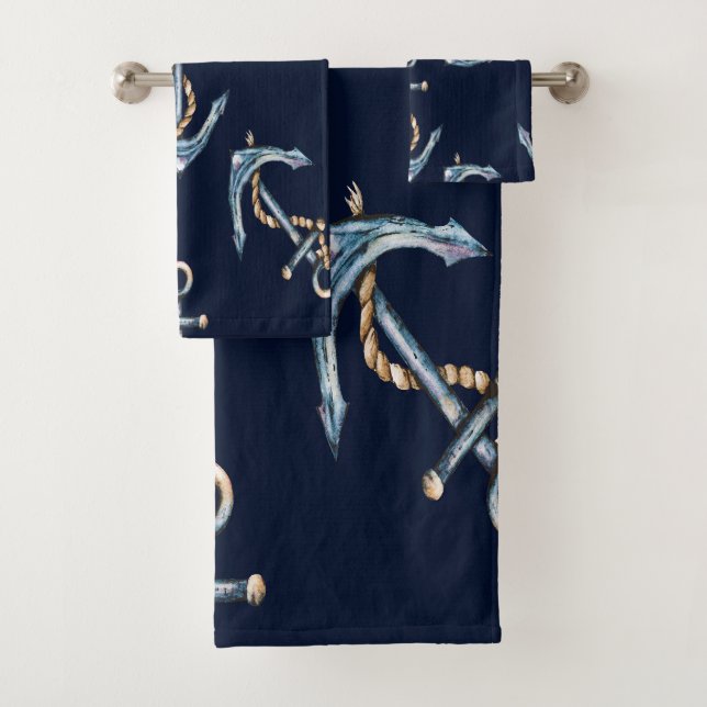 Conjunto De Toalhas Aquarela Âncoras Azul Marinho (Insitu)