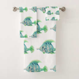 Conjunto De Toalhas Aquarela Animal Art Blue Tropical Fish
