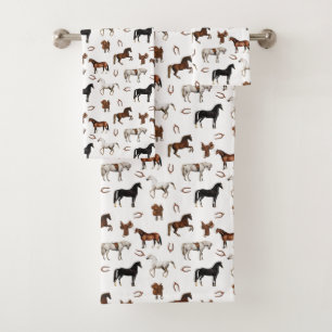 Conjunto De Toalhas Aquarela de Cavalos Ferradura Selas de Cavalo