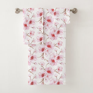 Conjunto De Toalhas Aquarela Flor de Cerejeira Rosa Branco