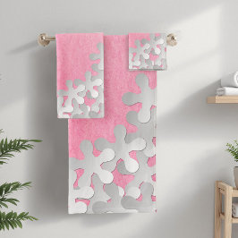 Conjunto De Toalhas Aquarela Rosa e Flores Brancas