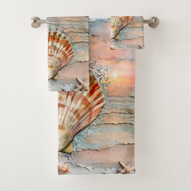Conjunto De Toalhas Aquarela Tranquila de Mariscos de Pêssego e Laranj (Insitu)