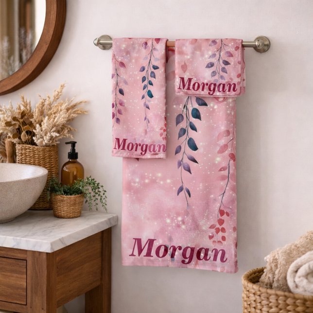 Conjunto De Toalhas Aquarela Vinhas Elegantes com Fundo Rosa (Criador carregado)