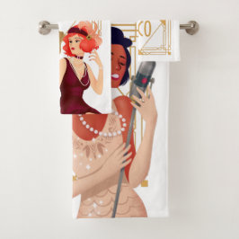 Conjunto De Toalhas Art Deco 1920 Glam Damas Douradas Brancas