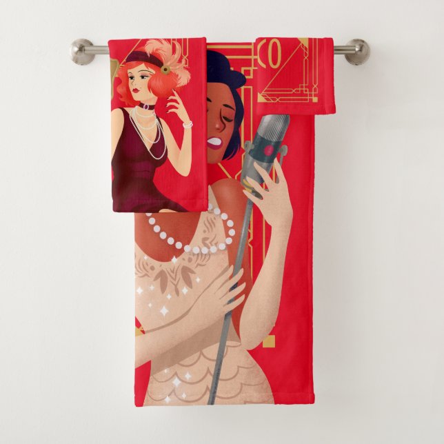 Conjunto De Toalhas Art Deco 1920 Glam Damas Douradas Vermelhas (Insitu)