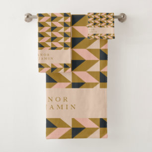 Conjunto De Toalhas Art Deco Blush Dourado Casamento Preto Personaliza