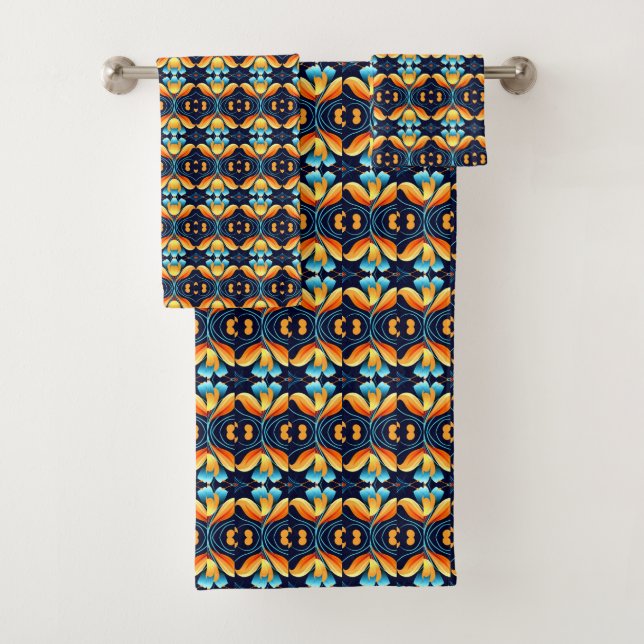 Conjunto De Toalhas Art Deco - flores laranja azuis (Insitu)