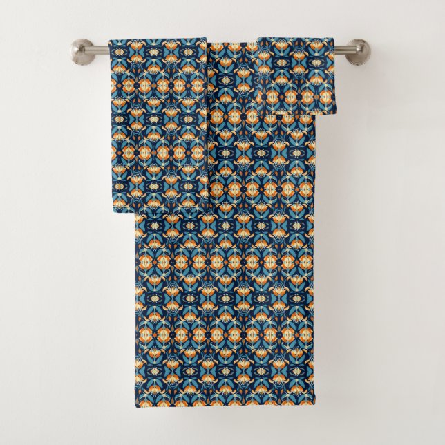 Conjunto De Toalhas Art Deco - flores laranja azuis (Insitu)