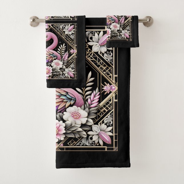 Conjunto De Toalhas Art Deco Rosa e Flamingo Arco-Íris (Insitu)