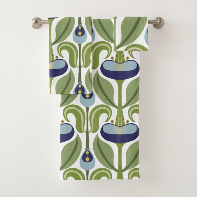 Conjunto De Toalhas Art Nouveau Tulipas Azuis Estilizadas (Insitu)