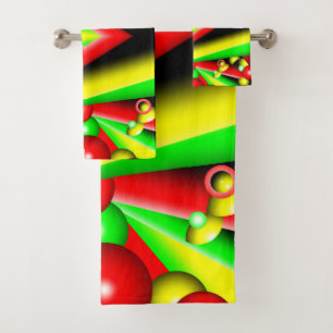 Conjunto De Toalhas Arte Abstrata Bolhas E Listras Verdes Vermelhas E