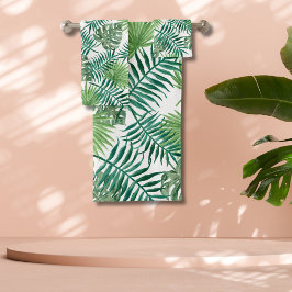 Conjunto De Toalhas Arte Aquarela de Folhas de Palmeira Verde Tropical