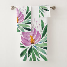 Conjunto De Toalhas Arte Aquarela Flores Violeta Lótus